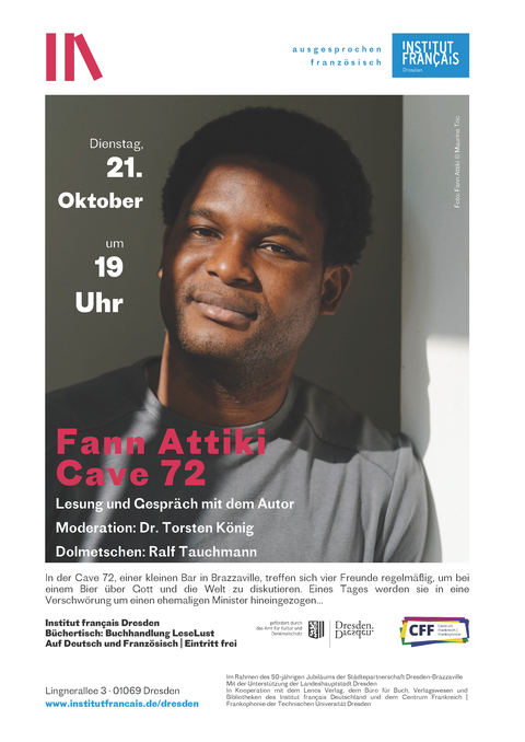 Plakat Fann Attiki "Cave 72", Lesung und Gespräch mit dem Autor, Institut français Dresden, 21. Oktober 2025