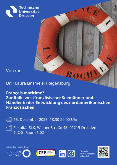 Plakat Gastvortrag Dr. Laura Linzmeier (Regensburg) am 15.12.25 an der TU Dresden
