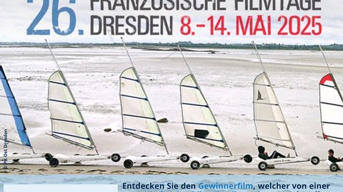 Plakat anlässlich der Präsentation des Überraschungsfilms, ausgewählt von einer Jury mit frankophilen Studierenden, im Rahmen der 26. Französischen Filmtage am 13.05.2025 im Programmkino Ost Dresden. 