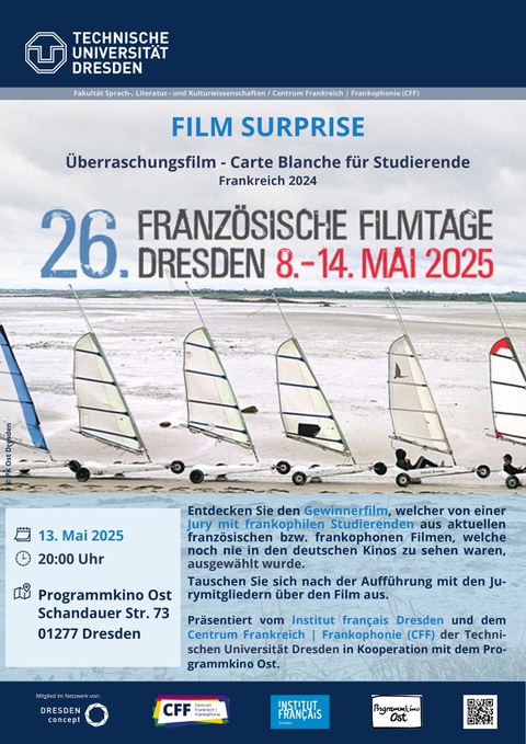 Plakat anlässlich der Präsentation des Überraschungsfilms, ausgewählt von einer Jury mit frankophilen Studierenden, im Rahmen der 26. Französischen Filmtage am 13.05.2025 im Programmkino Ost Dresden. 
