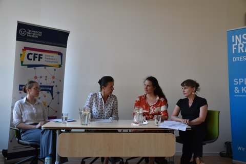 Photo 2 during the reading by Audrée Wilhelmy (Quebec) “Bluthaut” (Blood skin) on June 25, 2025, at the Institut français Dresden.