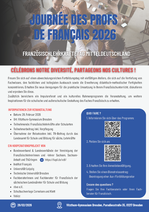 Poster for French Teachers' Day in Central Germany on February 28, 2026, at Vizthum Gymnasium in Dresden.