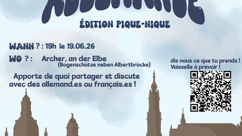 Poster on the occasion of the Franco-German Soirée – Picnic Soirée on June 19, 2026, on the banks of the Elbe in Dresden.