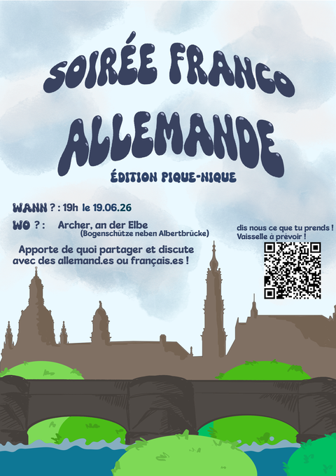 Plakat anlässlich der Soirée franco-allemande - Soirée pique-nique am 19.06.2026 an der Elbe in Dresden.