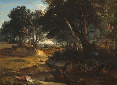 Originalgetreue fotografische Reproduktion des Ölgemäldes von Jean-Baptiste-Camille Corot "Forêt de Fontainebleau" von 1834;  Copyright: Wikimedia Commons gemeinfrei.
