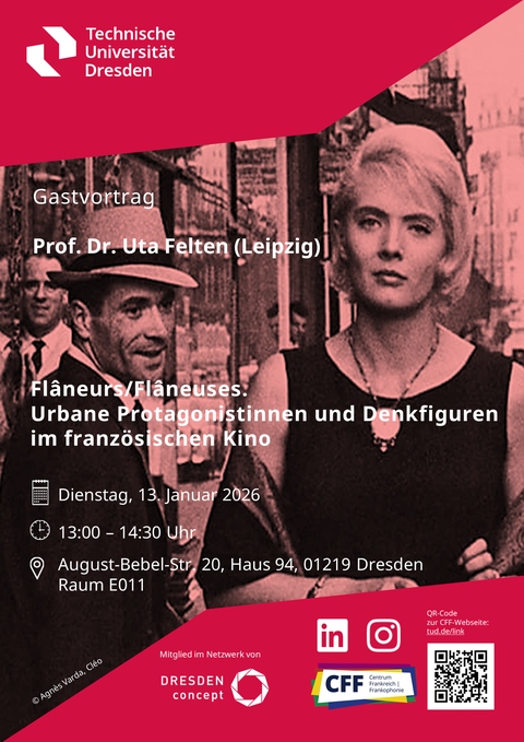 Plakat anlässlich des Vortrags „Flâneurs/Flâneuses: Urbane Protagonistinnen und Denkfiguren im französischen Kino“ von Prof. Dr. Uta Felten (Leipzig) am 13.01.2026 an der Fakultät SLK der TU Dresden.