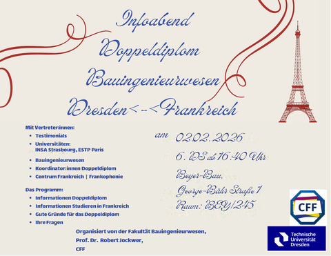 Poster for the information evening on the dual degree program in civil engineering Dresden-France on February 2, 2026, at TU Dresden.