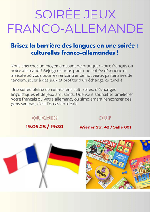 Plakat anlässlich des deutsch-französischen Spieleabends am 19.05.2025 an der TU Dresden.