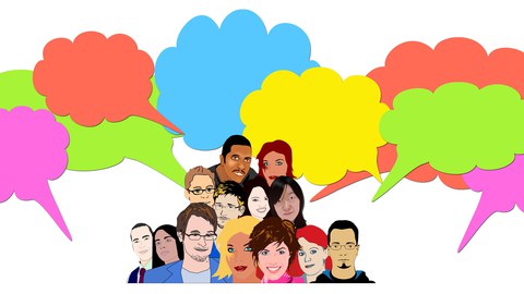 Farbige Grafik zum Thema Ideenaustausch/Dialog