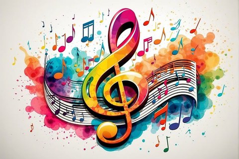 Freies, farbiges Bild mit Noten(schlüssel) zum Thema Musik