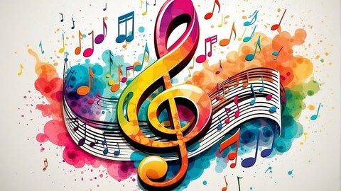 Freies, farbiges Bild mit Noten(schlüssel) zum Thema Musik