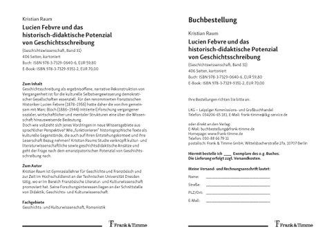 Flyer zum Buch von Kristian Raum: Lucien Febvre und das historisch-didaktische Potenzial von Geschichtsschreibung, Verlag Frank & Timme 2020