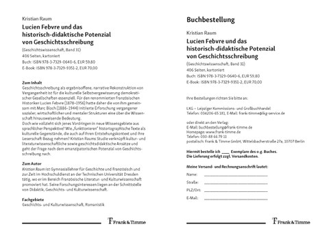 Flyer zum Buch -  Kristian Raum: Lucien Febvre und das historisch-didaktische Potenzial von Geschichtsschreibung, Verlag Frank & Timme 2020.