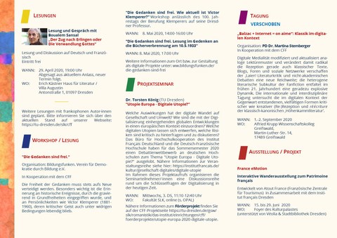 Seite 2 des Flyers des Semesterprogramms vom Centrum Frankreich | Frankophonie an der TU Dresden im Sommersemester 2020
