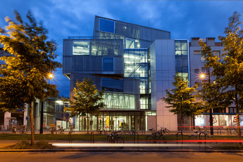 The École nationale d'architecture Strasbourg (ENSA) building at night