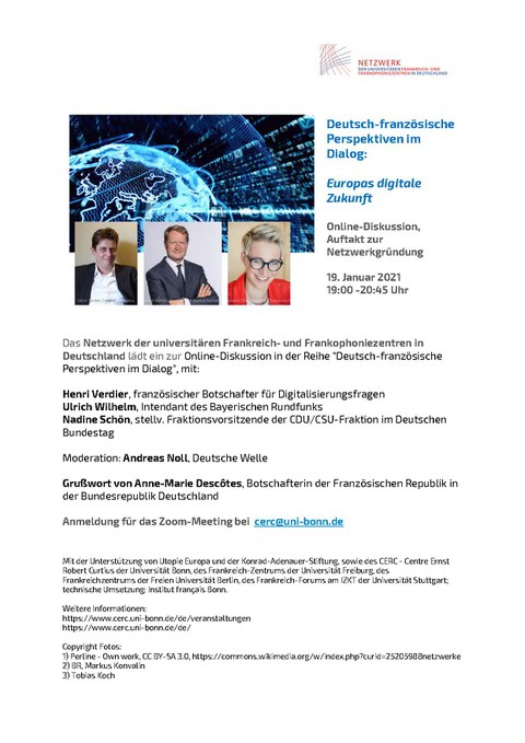 Plakat anlässlich der Online-Auftaktveranstaltung der Reihe "Deutsch-Französische Perspektiven im Dialog" des Netzwerks der universitären Frankreich- und Frankophoniezentren in Deutschland am 19. Januar 2021.