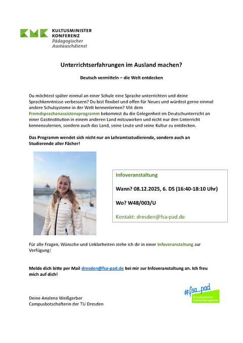 Poster on the occasion of the information session on the Foreign Language Assistant Program organized by the Pedagogical Exchange Service on December 8, 2025, at TU Dresden.