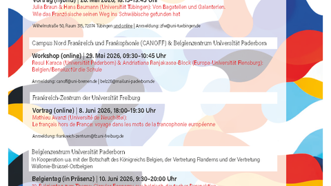 Plakat anlässlich der Veranstaltungsreihe "Europäische Frankophonie" des Netzwerks der universitären Frankreich- und Frankophoniezentren in Deutschland im Sommersemester 2026.