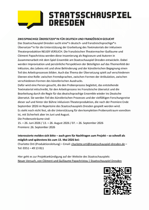 Job Posting from the Staatsschauspiel Dresden: “Seeking a Bilingual Translator for German and French” 2026