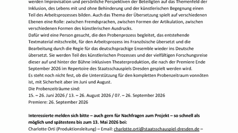 Ausschreibung des Staatsschauspiel Dresden "Zweisprachige Übersetzer:in für Deutsch und Französisch gesucht" 2026.