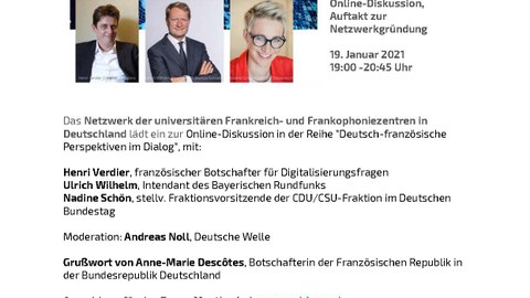 Flyer zur Online-Auftaktveranstaltung der Reihe "Deutsch-Französische Perspektiven im Dialog" des Netzwerks universitärer Frankreich- und Frankophoniezentren Deutschlands am 19. Januar 2021