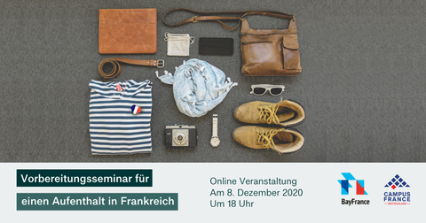 Flyer zur Ankündigung des Online-Vorbereitungsseminars von BayFrance und Campus France Deutschland am 8. Dezember 2020