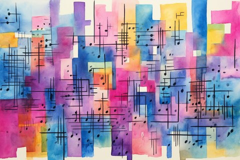 Farbiges freies Bild zum Thema Musik: Es sind Notenzeilen in unterschiedliche Anordnung zu sehen.