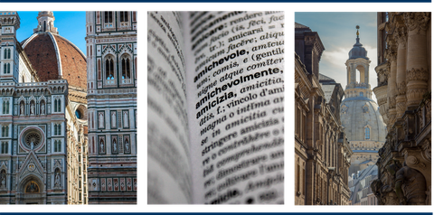 drei Bilder: Florentiner Dom, Foto einer Wörterbuchseite, die das italienische Wort "amicizia" zeigt, Blick auf die Frauenkirche von einer Seitengasse aus