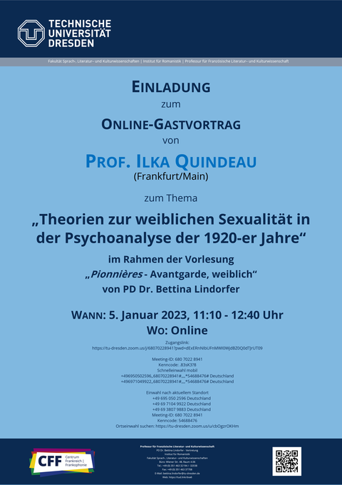 Plakat zum Online-Gastvortrag von Prof. Ilka Quindeau "Theorien zur weiblichen Sexualität in der Psychoanalyse der 1920-er Jahre" am 5.1.23 im Rahmen der Vorlesung von PD Dr. Bettina Lindorfer "Pionnières - Avantgarde, weiblich" im WiSe 2022/23  