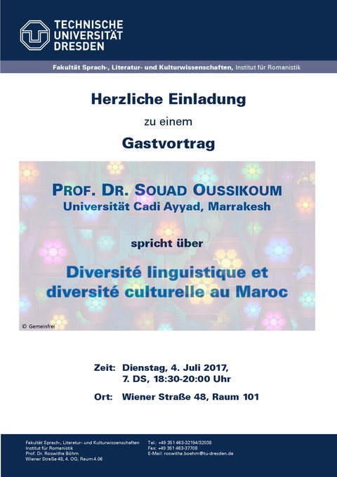 Plakat zur Ankündigung des Gastvortrags von Frau Prof. Dr. Souad Oussikoum am 11.07.17