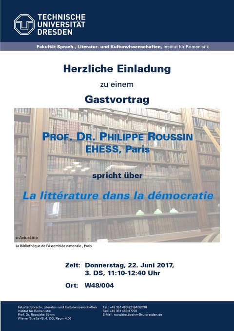 Plakat zur Ankündigung des Gastvortrags von Prof. Dr. Philippe Roussin, EHESS Paris am 22.06.17