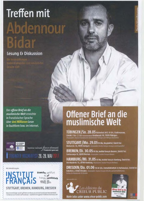 Plakat zur Lesung und Diskussion mit Abdennour Bidar "Offener Brief an die muslimische Welt" am 1. Juni 2017