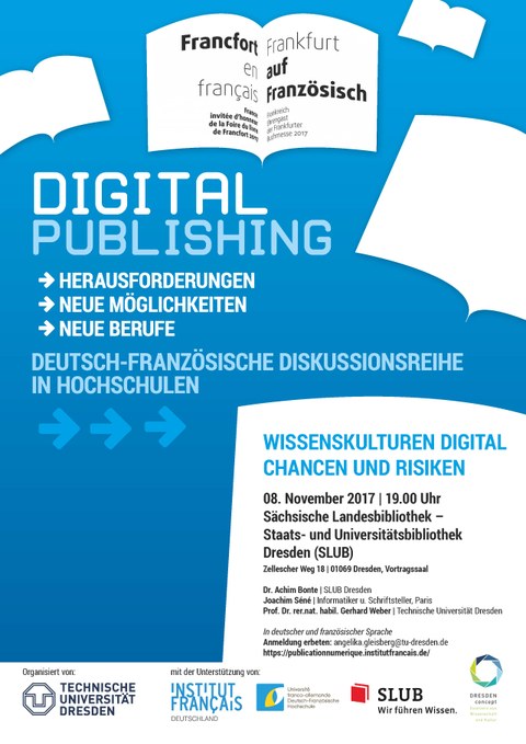 Plakat zur Ankündigung der Podiumsdiskussion "Wissenskulturen digital" am 8. November 2017 im Vortragssaal der SLUB Dresden.