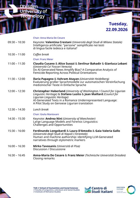 Conference program of AI-ROM-IV at Dresden University of Technology, Day 2 (Tuesday, 22 September 2026): talks and keynotes from 09:30 to 16:45, including keynotes by Valentina Crestani and Andrea Nini, followed by closing remarks. The full program is available as an accessible PDF download.