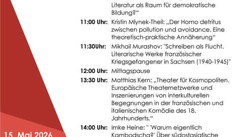 Affiche à l'occasion du colloque sur les études culturelles et littéraires francophones et italiennes – Journée d'étude conjointe de l'Université technique de Dresde et de l'Université de Leipzig, le 15 mai 2026 à l'Institut de philologie romane de l'Université de Leipzig.