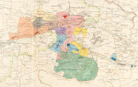 Kartenausschnitt mit Kennzeichnung von Grubenfeldern und Werksanlagen in Schlesien 