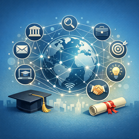 Das Bild zeigt eine Weltkugel, umgeben von Symbolen für Arbeit, Beruf, Studium. Diese sind mit Linien miteinander verbunden, um ein Netzwerk darzustellen. 