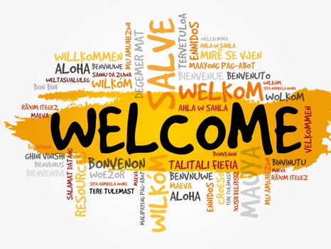 Die Darstellung zeigt das Wort "Welcome". Dieses befindet sich groß in der Mitte und ist gelb markiert. Drum herum befinden sich die Übersetzungen des Wortes in vielen verschiedenen Sprachen.