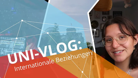Thumbnail. Rechts: Bild der Vloggerin Nora Lucia Grumpe, links das Corporate Design der TU Dresden mit dem Titel: Uni-Vlog Internationale Beziehungen