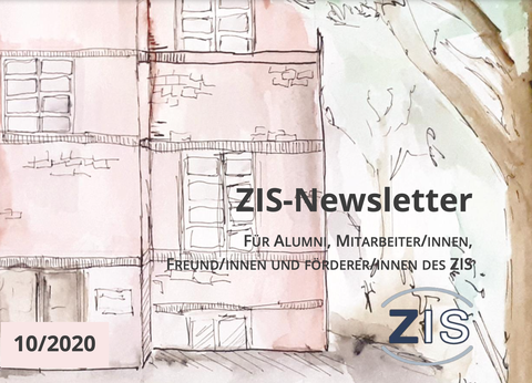Zeichnung eines Backsteingebäudes. Im Vordergrund Schriftzug: "ZIS NEWSLETTER"