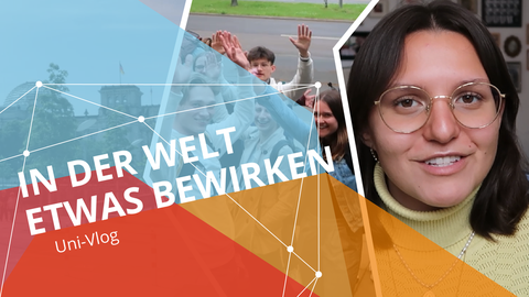 Thumbnail. Rechts: Bild der Vloggerin Nora Lucia Grumpe, mitte: eine Gruppe sich freuender IBlis