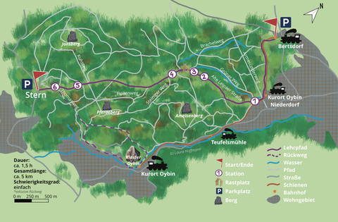 Digital illustrierte Karte des Forstlehrpfades mit Icons passend zu verschiedenen Stationen