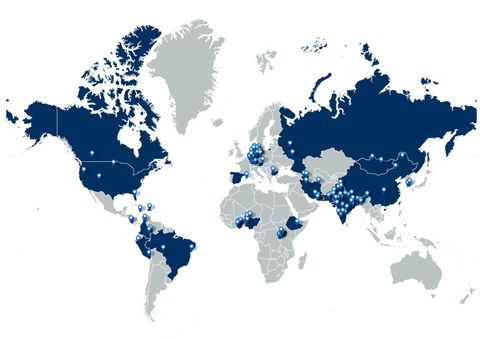 Weltkarte mit den Herkunfstländern der bisherigen OMB-Studierenden