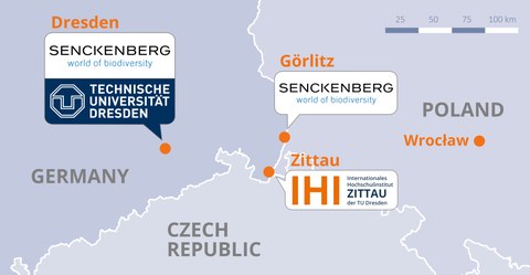 Englischsprachige Karte des Dreiländerecks mit den Standorten Görlitz, Dresden und Zittau des Studiengangs
