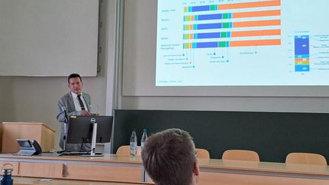 Frank Großmann, Leiter der IHK-Geschäftsstelle Görlitz / Zittau, bei seinem Vortrag. Im Hintergrund ist eine Graphik zu erkennen, vorne die Sitzreihen im Hörsaal des IHI Zittau.