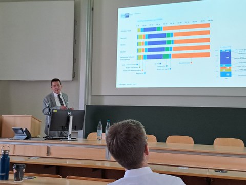 Frank Großmann, Leiter der IHK-Geschäftsstelle Görlitz / Zittau, bei seinem Vortrag. Im Hintergrund ist eine Graphik zu erkennen, vorne die Sitzreihen im Hörsaal des IHI Zittau.