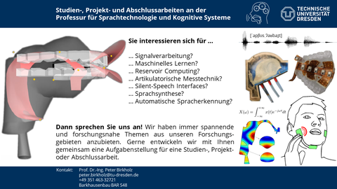 A collage of research topics at the chair with pictures from various research projects. In addition, the invitation to contact peter.birkholz@tu-dresden.de if you are interested in a student research project or thesis.