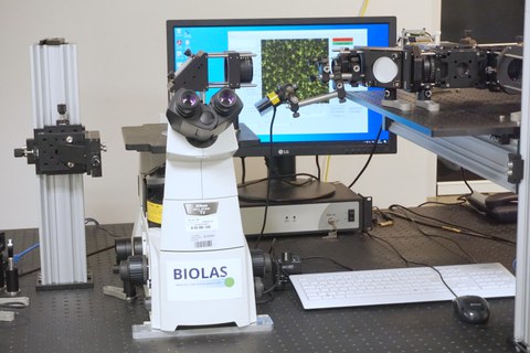 Optogenetic stimulation platform consisting of an inverted microscope body and custom adapticve stimulation optics