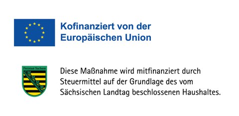 EU-Logo: Kofinanziert von der Europäischen Union und Sachsen-Wappen: Diese Maßnahme wird mitfinanziert aus Steuermitteln auf der Grundlage des vom Sächischen Landtag beschlossenen Haushaltes.