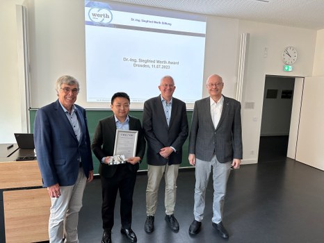 Dr  Schniewind (Werth Foundation, Gießen), Dr Jiawei Sun (Winner of the Prize for dimensional metrology of Werth Foundation), Prof Czarske (Director of BIOLAS), Prof Bock (Dean of Faculty Electrical and Computer Engineering, School of TUD)